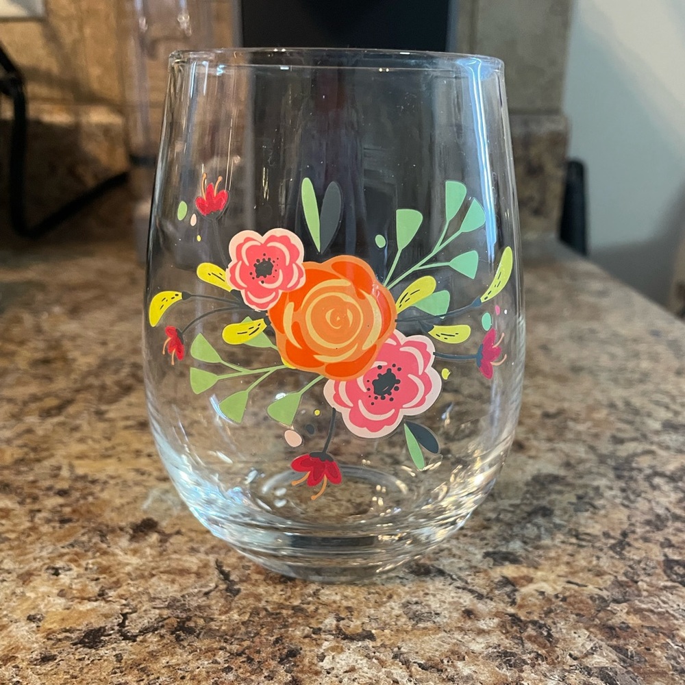 Stemless Wine Glass w/ Floral Design